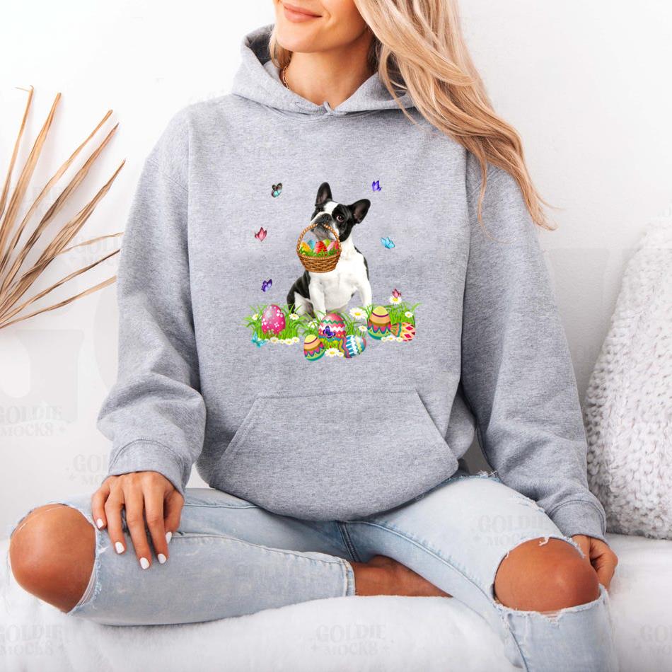 Boston Terrier Bunny Dog With Easter Eggs Basket Butterflies Hoodie - Image 4