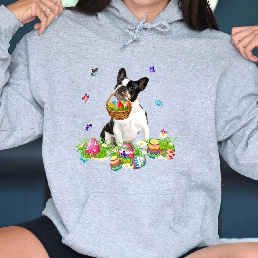 Boston Terrier Bunny Dog With Easter Eggs Basket Butterflies Hoodie - Image 3